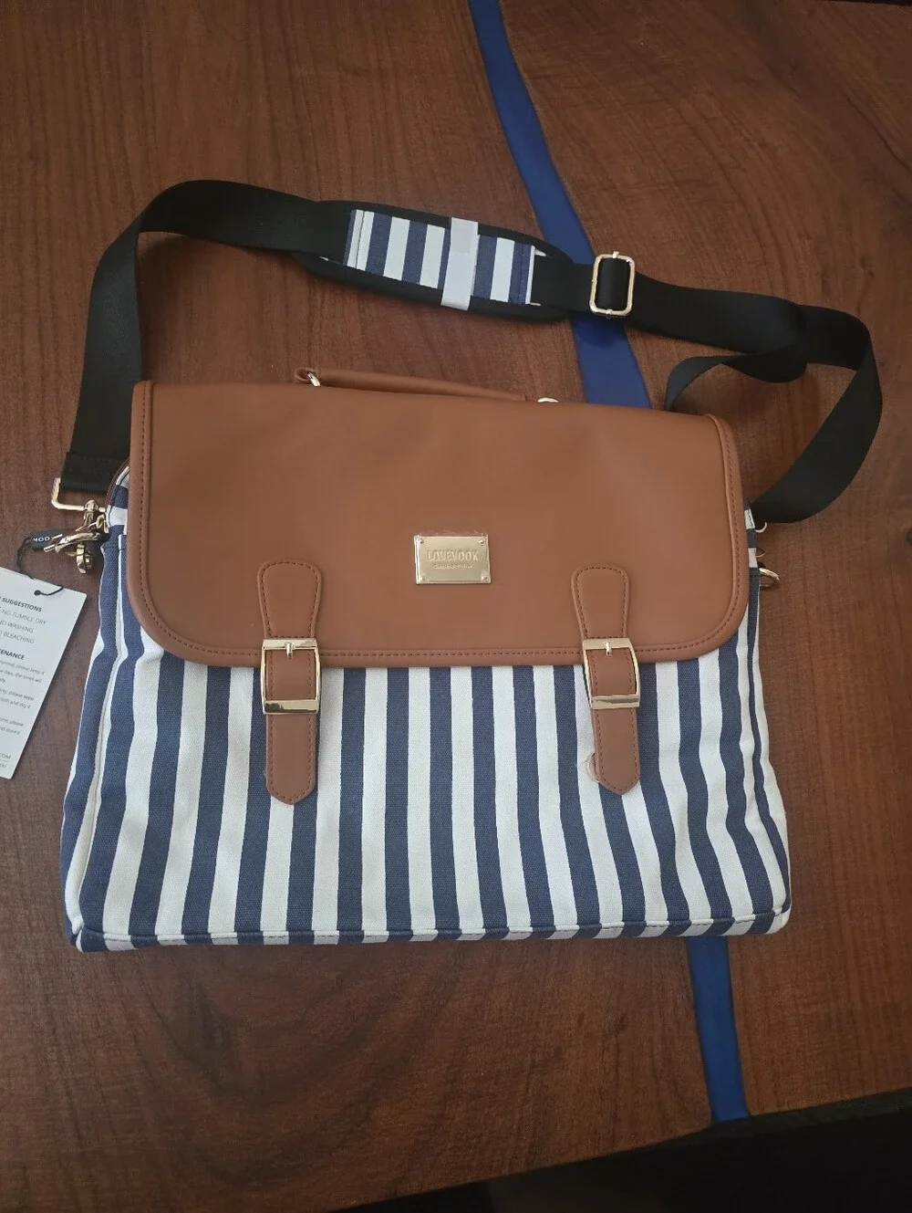 Lovevook Classic Striped Crossbody Bag - Brown, White & Navy